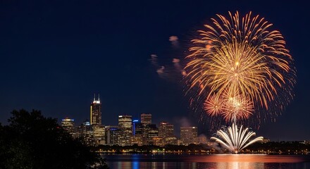 Obraz premium Canada day fireworks display with city skyline background with text copy space