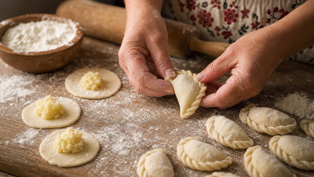 Hands carefully shaping dough for traditional dumplings with a savory filling