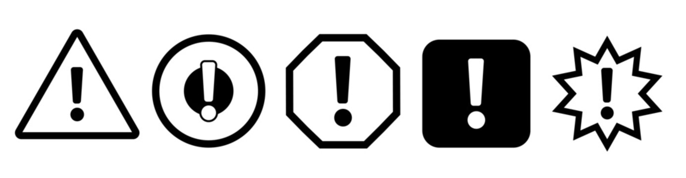 Warning and Caution Icons Set, Exclamation Mark Alert Symbols in Triangle, Circle, Octagon and Badge Shapes