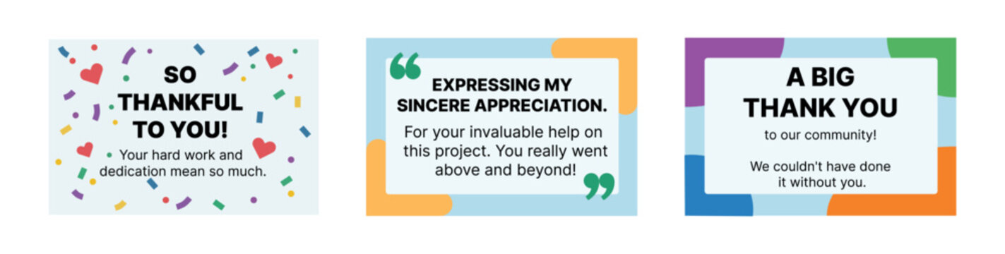 Thank You Card Templates Set, Appreciation and Gratitude Message Designs for Social Media and Greeting Posts