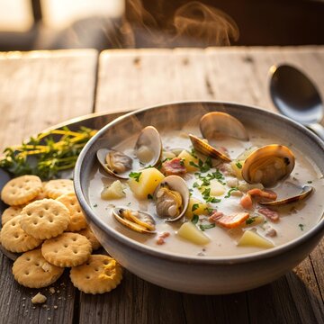Steaming bowl of New England clam chowder with crackers on rustic wood.