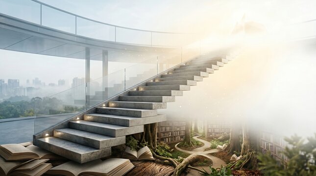 Contemporary glass staircase opening to misty forest library under golden light ascend