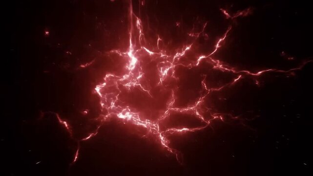 Aerial tracking shot of glowing red plasma lightning nebula swirling and pulsing in deep space void with drifting sparks