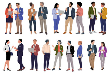 Fototapeta premium Professional people stand or converse in confident poses. Dressed in varied business attire, they project calm assurance. Some hold documents, laptops, or engage in friendly discussion