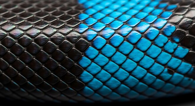 Close-up of textured black and blue snakeskin pattern with reflective surface