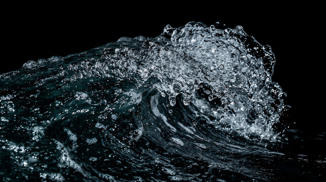 Water wave crashes with dynamic motion creating intricate white foam and spray against a solid black background that offers ample copy space for graphic design and advertising layout applications.