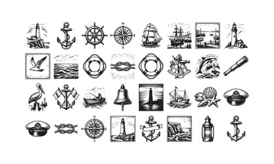 Fototapeta premium Nautical vintage elements set including lighthouse anchor ship wheel compass seagull lifebuoy sextant telescope bell pelican fishing boat sailor hat and marine objects.