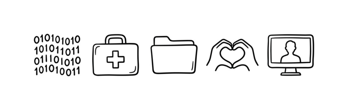 Digital healthcare icon set with binary code, medical kit, folder, hand heart and profile screen, binary, medical kit, folder,