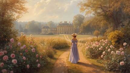 Obraz premium Luxury Manor Estate with Elegant Woman in Rose Garden at Sunset, Romantic Countryside Landscape
