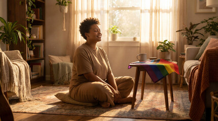 Obraz premium Woman meditating peacefully on floor in cozy living room with plants 