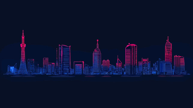 A stylized cityscape in a dark background. Red and blue outlines give a neon effect to the buildings