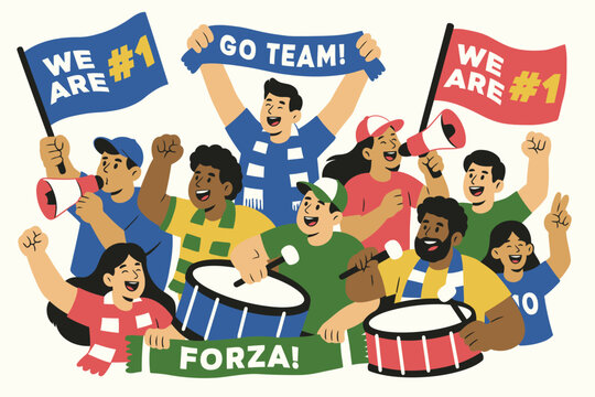 A colorful flat design illustration depicting a diverse crowd of enthusiastic sports supporters cheering with flags, drums, and megaphones.