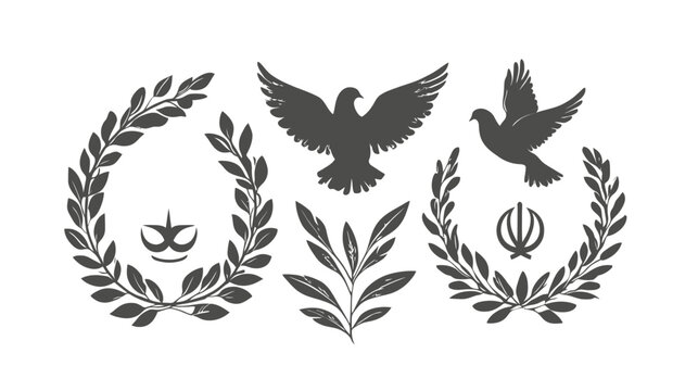 Silhouettes of doves, olive branches, and symbolic crowns and emblems on a white background
