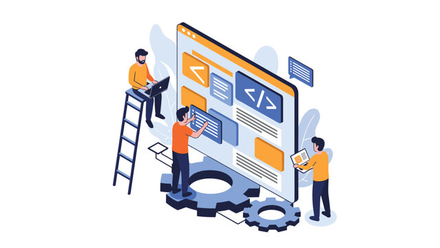 Team of software developers working on a large web browser interface with code symbols and mechanical gears.