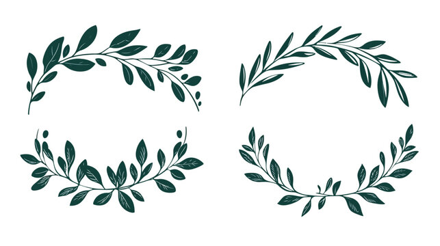 Four stylized botanical illustrations with green leaves on white background for design needs