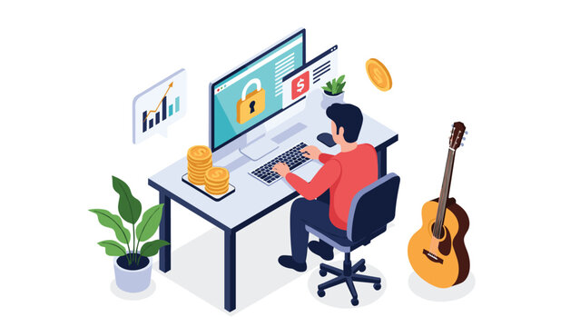Freelance worker using a computer for secure online transactions with stacks of coins and a guitar nearby.