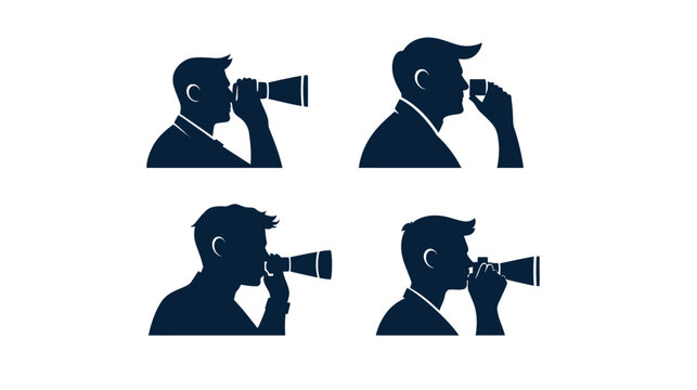 Four dark silhouette illustrations of men in suits, holding and looking through binoculars or a similar device