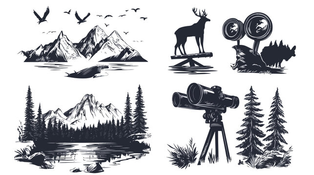 Black and white illustrations of nature scenes including mountains, animals, and viewing devices