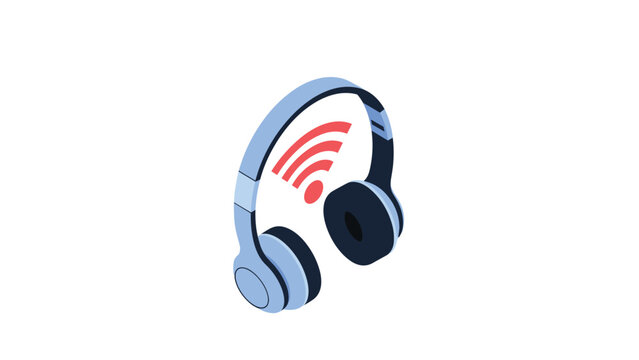 High-quality wireless headphones icon with a red signal symbol representing modern bluetooth technology and high-fidelity audio streaming.