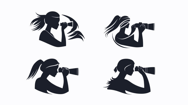 Four black silhouette images of women using binoculars, each with different hairstyles and poses