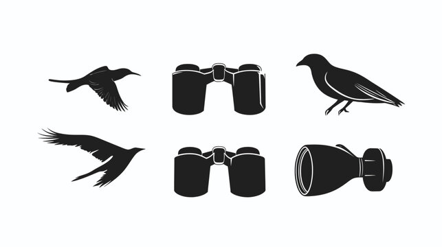 Black and white illustration featuring bird silhouettes and various views of binoculars