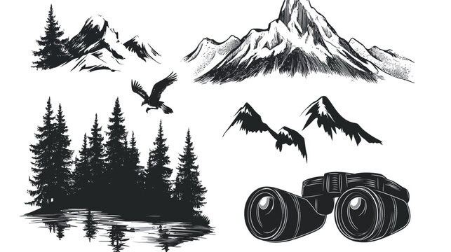 A collection of outdoors themed illustrations mountain range, trees, eagle, lake reflection, and binoculars