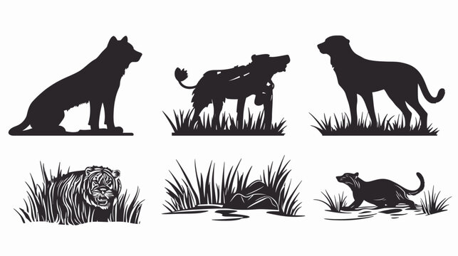 Silhouettes of various animals set against a white background, some in tall grass