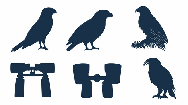 Silhouettes of birds of prey and binoculars on a white background, dark blue shapes