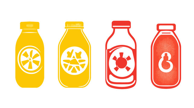 Four colorful drink bottle illustrations with fruit or abstract designs inside, against a white background
