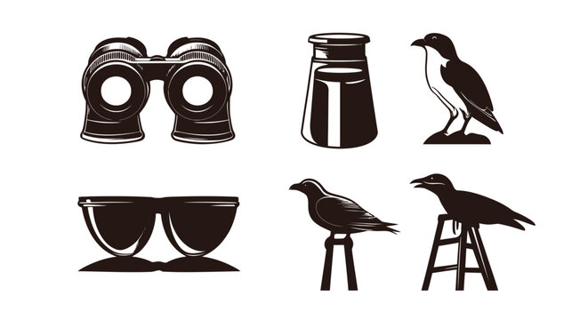 A collection of six graphic illustrations including binoculars, a flask, bird outlines, and sunglasses