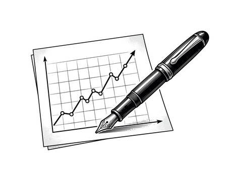 Financial chart and fountain pen engraving illustration with rising graph, plotted points and business analysis concept, chart,