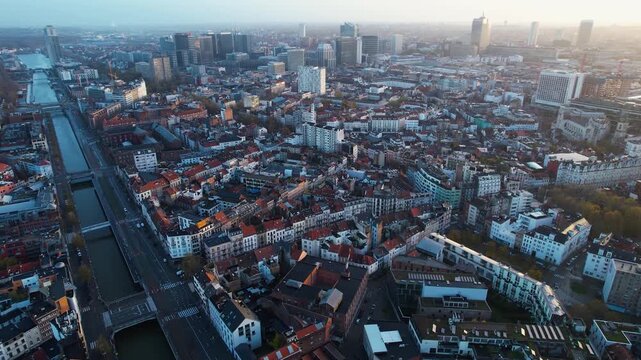 An panoramic aerial view of te capitol city Brussels in Belgium on a sunny morning in autumn.. 