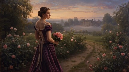 Obraz premium Elegant Woman Holding Rose Bouquet in Romantic Garden at Sunset Near Historic Manor House
