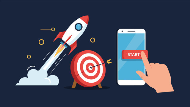 Startup business launch sequence features a hand pressing a start button on a smartphone while a rocket flies toward a red and white bulls eye target.