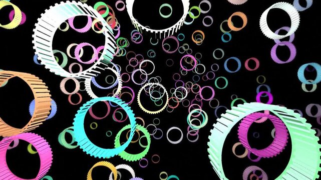 20 seconds seamless looping retro graphical gears mechanical fly thru back and fro black background animation motion graphics screensaver visualizer HD-video