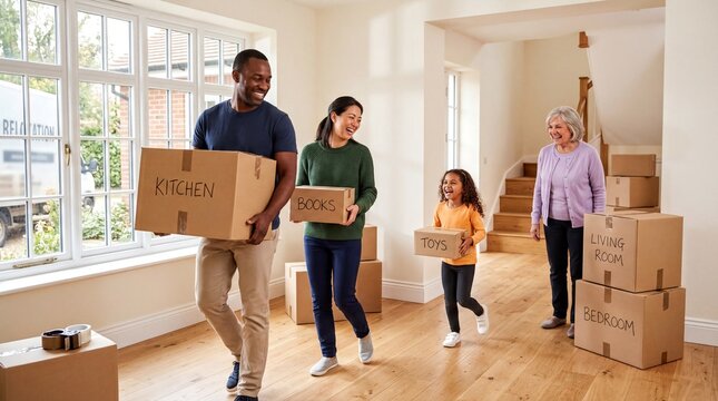family relocation joy, a joyful diverse family is cheerfully settling into their bright new home