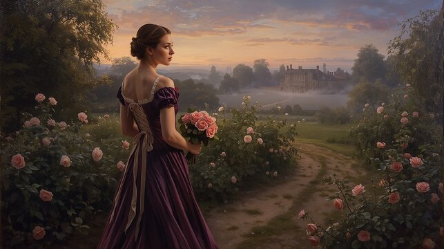 Elegant Woman Holding Rose Bouquet in Romantic Garden at Sunset Near Historic Manor House