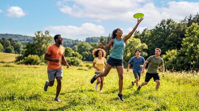 outdoor sports activities, a lively group of friends enjoying summer sports on a sunny meadow