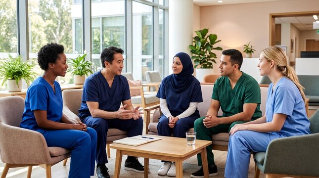 healthcare team collaboration, a group of diverse healthcare professionals engaged in a team debrief in a sunny, modern hospital lounge