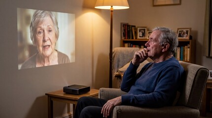 Fototapeta premium virtual mourning experience, an elderly man in a cozy living room shares an emotional moment with an ai avatar of his late wife