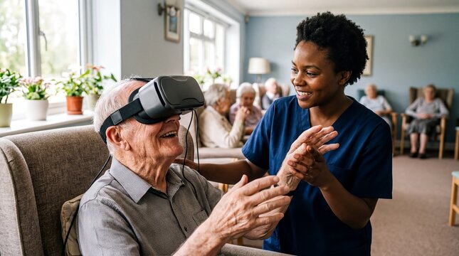 senior technology engagement, an elderly man enjoys a virtual travel experience in paris, smiling joyfully