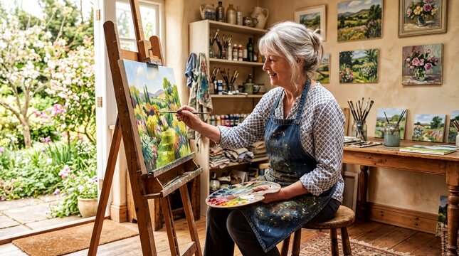 artistic pursuits, an elderly woman joyfully painting in a sunny, vibrant home studio