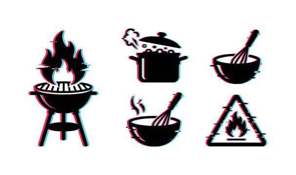 Glitch cooking danger icon set with burning grill, boiling pot and mixing bowl with whisk, fire, grill, pot, bowl, whisk, cooking,