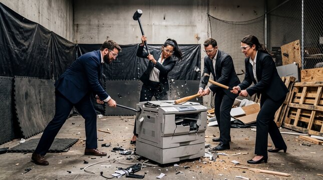corporate team building, business professionals in suits passionately destroying a printer in a rage room
