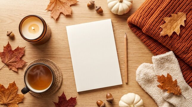 seasonal planning ideas, a cozy arrangement featuring an autumn bucket list notepad, candle, and tea