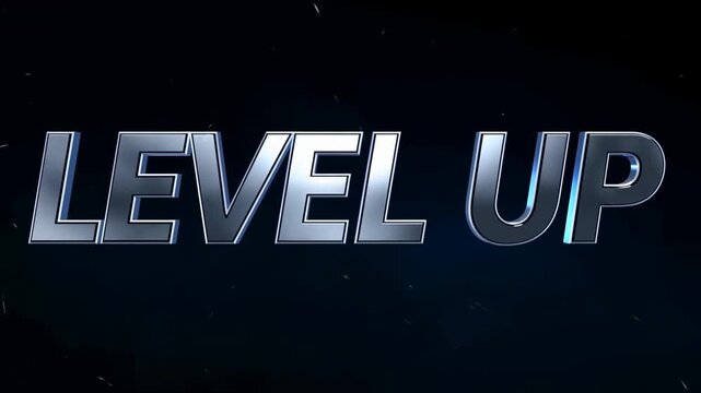Zoom in shot of metallic level up text advancing with bright lens flare and reflective chrome surface over dark cosmic studio background