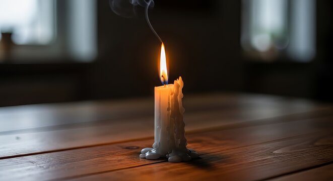 A single white candle burning brightly on a dark wooden table with a blurred background of windows