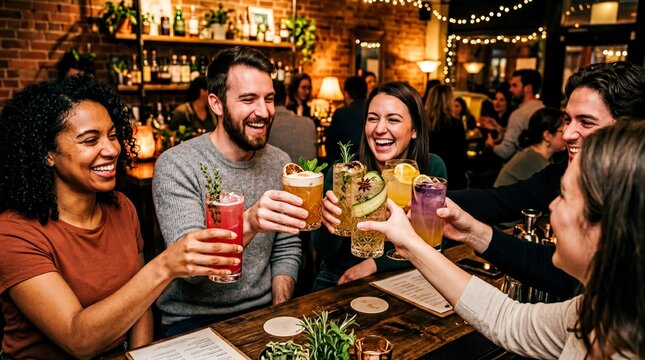 sober social gatherings, people enjoying a lively toast with colorful mocktails in a cozy setting