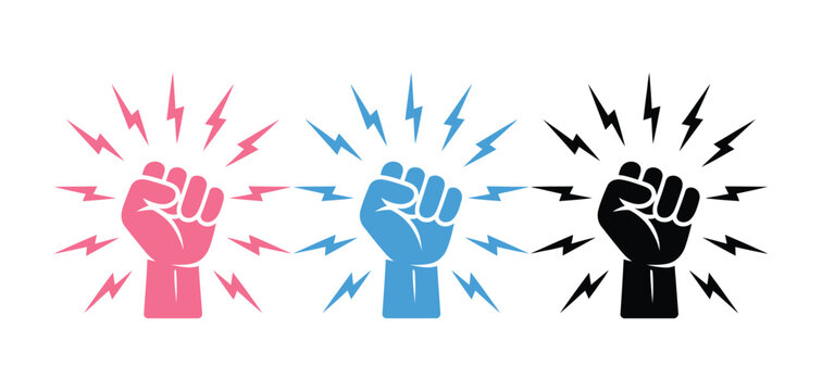 Fist knocking impact icon set, hand hit gesture outline in red blue black variations for alert notification door knock action vector, flat design