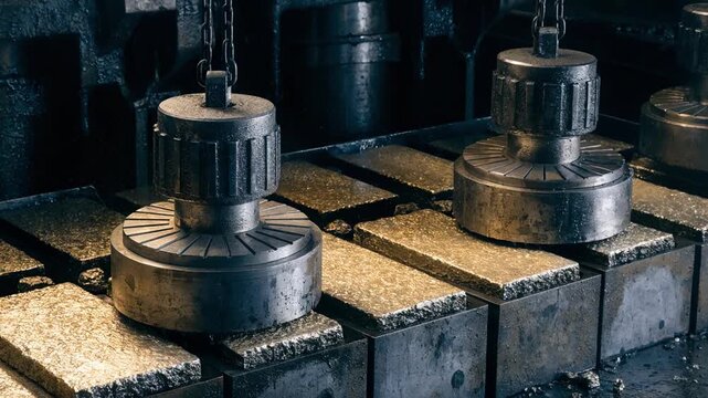 Marking stamps imprint identification codes on solid tin ingots emphasizing quality control and precision in the metal casting process